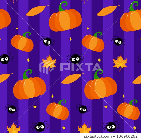 Vector Halloween seamless pattern with pumpkin, leaves, spider on colored background. Cute holiday repeated texture. Childish hand drawn background with cartoon characters Vector Halloween seamless pattern with pumpkin, leaves, spider on colored background. Cute holiday repeated texture. Childish hand drawn background with cartoon characters 130960262