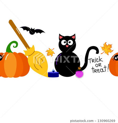 Cute hand drawn Halloween seamless vector pattern border with pumpkin, black cat, candle, great for textiles, surfaces, banners, wallpapers 130960269