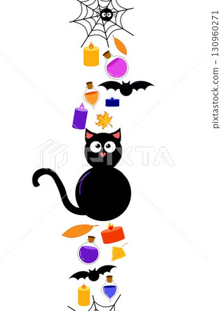 Scary silhouettes on Halloween border, holiday decoration. Black vertical vector pattern with black cat, candles, bats, web, spider, poison 130960271