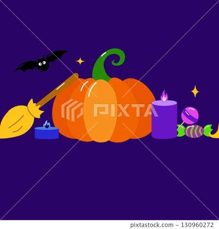 Happy Halloween banner or border with bats, pumpkin, candle, candies. Glowing Hanging Spooky Ornaments Decoration Vector illustration, trick or treat party invitation 130960272