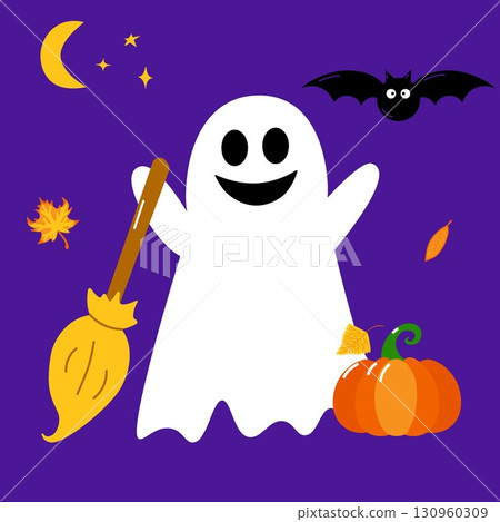 Halloween ghost hold a broom ans pumpkin. Vector design on isolated background. Cartoon style. 130960309