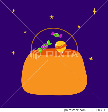 Halloween candies in pumpkin bag. Sweet lollipop candy treats for kids. Trick or treat in orange jack lantern basket, sweets and chocolate isolated children sweets cartoon vector illustration Halloween candies in pumpkin bag. Sweet lollipop candy treats for kids. Trick or treat in orange jack lantern basket, sweets and chocolate isolated children sweets cartoon vector illustration 130960311