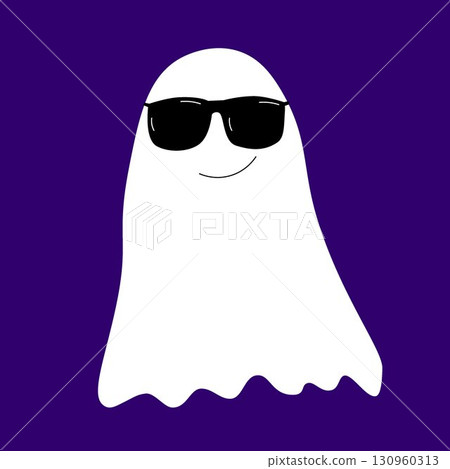 Ghost halloween vector cartoon illustration on purple black background with sunglasses cool fun smile 130960313