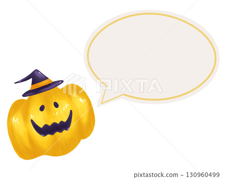 Yellow jack-o'-lantern with a hat and a speech bubble Yellow jack-o'-lantern with a hat and a speech bubble 130960499