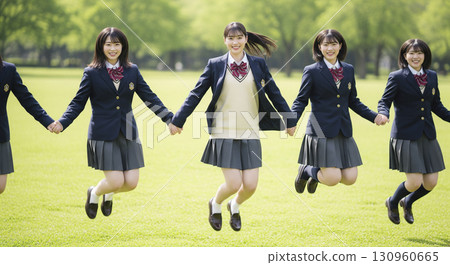 High school girl jumping on the grass 130960665
