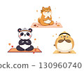 Cute Shiba Inu, panda, and bird character illustration doing yoga poses (health, relaxation, autumn) 130960740