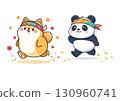 Cute Shiba Inu and panda character illustration enjoying autumn jogging (white background, health, exercise) 130960741