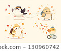 Illustration set of cute long-tailed tits enjoying autumn exercise (jogging, cycling, hiking) 130960742