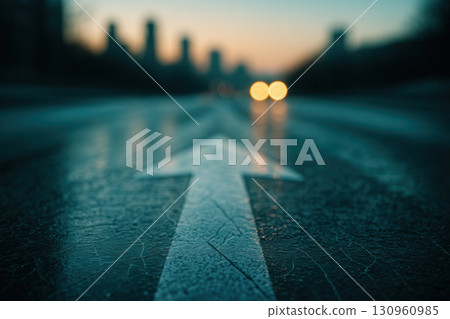 Forward Arrow on Icy Urban Road at Dusk with City Lights Ahead 130960985