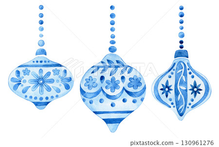 A set of blue watercolor Christmas tree decorations. Vintage-style illustration. 130961276