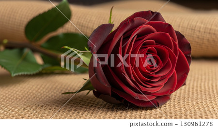 Elegant Red Rose on Burlap 130961278
