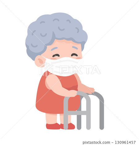 Illustration of Senior Woman with Walker and Mask 130961457