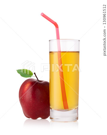 Apple juice with a straw in a glass and a whole red apple isolated on white background, design element Apple juice with a straw in a glass and a whole red apple isolated on white background, design element 130961512