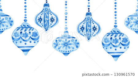 Watercolor seamless frame with blue Christmas toys in vintage style. Watercolor seamless frame with blue Christmas toys in vintage style. 130961570