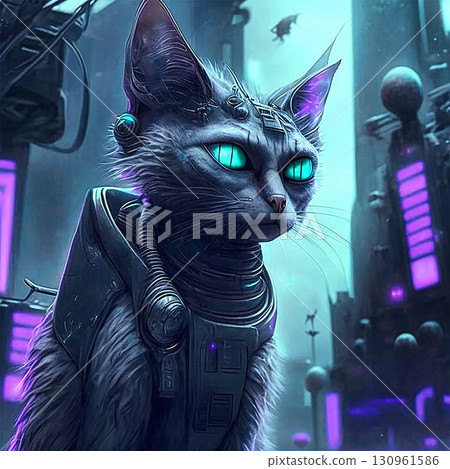 Cat at night in city with a neon light in cyberpunk style. Generative AI illustration 130961586