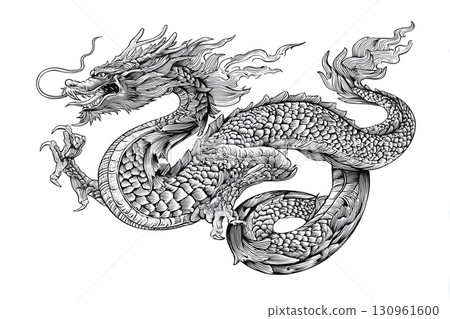 黑龍的微縮插畫。這款傳統圖案非常適合日式設計和紋身。 130961600