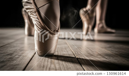 Professional ballet dancer feet in pointe shoes on wooden floor 130961614
