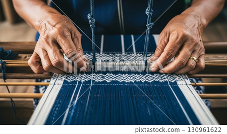 Traditional Hand Weaving on Wooden Loom with Blue and White Pattern 130961622