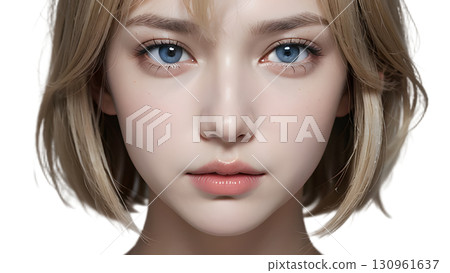 Close-up portrait of a young woman with blue eyes and blonde bob hair. Natural beauty and smooth skin Close-up portrait of a young woman with blue eyes and blonde bob hair. Natural beauty and smooth skin 130961637