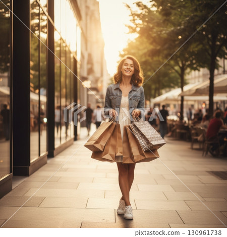 Young Woman Joyfully Shopping with Bags on a City Street Young Woman Joyfully Shopping with Bags on a City Street 130961738