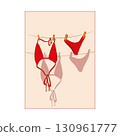 Bikini and Sunglasses on Clothesline, Hello Summer Illustration. Summer vibes illustration. Decorative holiday design perfect for posters, cards, invitations, beachwear promotions, seasonal branding. 130961777