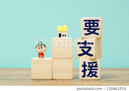 標有“需要幫助”的木塊和老年娃娃 130961818