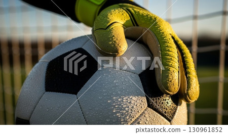 Wet Soccer Ball and Goalkeeper Gloves with Water Droplets in Golden Light 130961852
