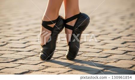 Ballet dancer feet in pointe shoes on cobblestone street at golden hour 130961854