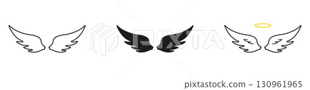 Angel Wings And Halo Line And Solid Icon Set. Spirituality, Protection, And Guardian Symbol Outline And Silhouette Collection. Celestial And Divine Concept. Isolated Vector Illustration 130961965
