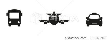 Transportation Modes Solid Icon Set. Public Bus, Airplane, And Taxi Silhouette Symbol Collection. Travel, Commuting, And Transit Solutions. Isolated Vector Illustration 130961966