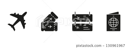 Airplane, Tickets, And Passport Solid Icon Set. Travel Planning, Flight Booking, And International Journey Silhouette Symbol Collection. Essential Travel Documents. Isolated Vector Illustration Airplane, Tickets, And Passport Solid Icon Set. Travel Planning, Flight Booking, And International Journey Silhouette Symbol Collection. Essential Travel Documents. Isolated Vector Illustration 130961967
