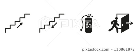 Emergency Evacuation And Safety Icons Set. Fire Safety, Exit Route and Stairway Direction Silhouette Symbol Collection. Essential Safety Signage For Buildings. Isolated Vector Illustration 130961972
