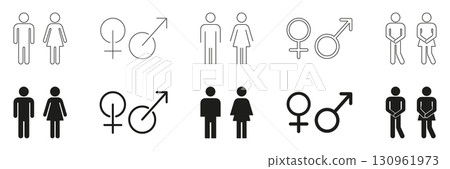 Male And Female Gender Symbols And Restroom Icons. Gender Identification And Bathroom Sign Outline And Silhouette Symbol Collection. Public Facilities. Isolated Vector Illustration 130961973