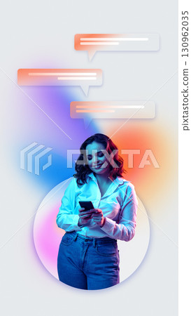 Collage of smiling woman texting on smartphone with glowing chat bubbles above Collage of smiling woman texting on smartphone with glowing chat bubbles above 130962035