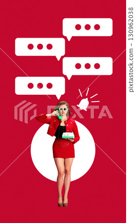 Bright collage. Stylish woman with retro phone and modern chat icons on red background 130962038