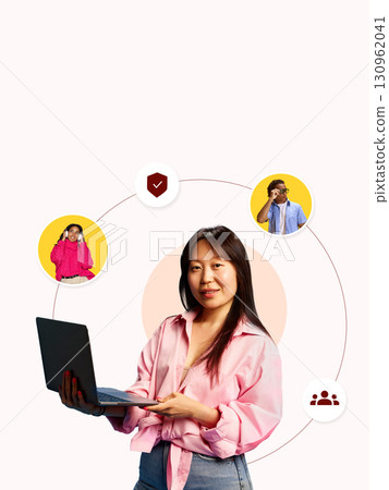 Trendy collage. Confident young woman with laptop connected to team members in circles 130962041