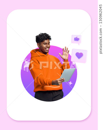 Digital artwork. Smiling young man waving at tablet with social media icons around 130962045