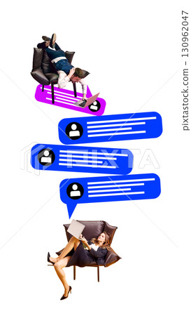Creative collage of people with laptops above and below oversized chat bubbles Creative collage of people with laptops above and below oversized chat bubbles 130962047