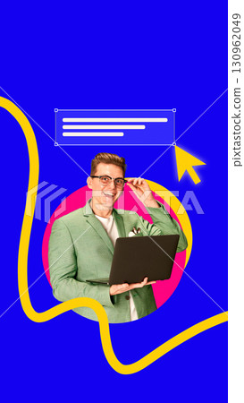 Collage of smiling man with laptop on abstract background for digital learning and services Collage of smiling man with laptop on abstract background for digital learning and services 130962049
