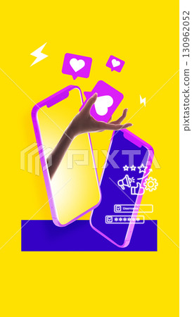 Bold poster. Smartphone with floating likes and hand interaction on bold digital background 130962052