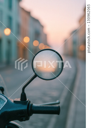 Dewy Scooter Mirror at Dawn on Quiet City Street 130962065