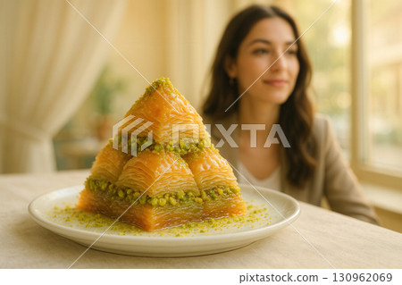 Pistachio Baklava Pyramid Drizzled with Honey in Elegant Cafe Pistachio Baklava Pyramid Drizzled with Honey in Elegant Cafe 130962069