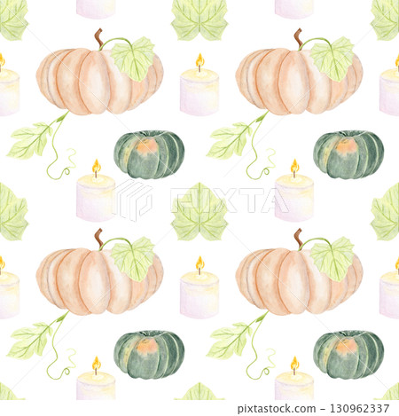 Pumpkins, candles, green leaves on white background. Seamless watercolor pattern. Cozy harvest design perfect for fall textiles, Thanksgiving, Halloween wrapping paper, stationery, home accessories Pumpkins, candles, green leaves on white background. Seamless watercolor pattern. Cozy harvest design perfect for fall textiles, Thanksgiving, Halloween wrapping paper, stationery, home accessories 130962337