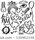 Playful collection of doodle illustrations in black and white featuring rainbow, whale, heart with wings, crown, eye, shooting star, balloon, bunny face, sun, clouds, rain, lightning, and feather. 130962338