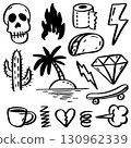 Set of black and white doodle elements including skull, fire, toilet paper, taco, palm tree island, diamond, skateboard, cactus, lightning bolt, coffee cup, heart, spring, and cloud puff. 130962339