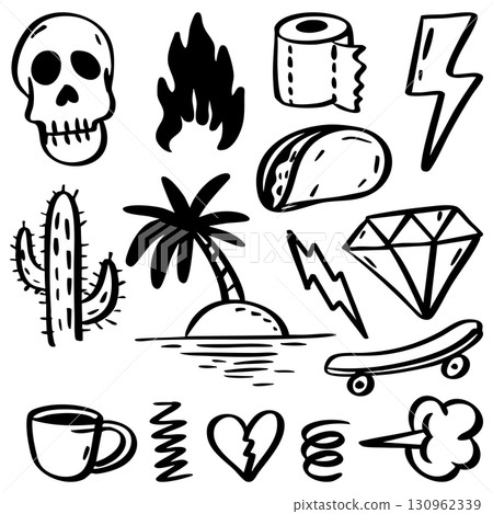 Set of black and white doodle elements including skull, fire, toilet paper, taco, palm tree island, diamond, skateboard, cactus, lightning bolt, coffee cup, heart, spring, and cloud puff. 130962339