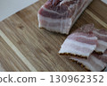 Ukrainian traditional cuisine. Very tasty pieces of salo. Raw ukrainian bacon or salo on wooden board. Sliced salted pork lard (salo). Food concept. 130962352