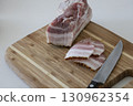 Ukrainian traditional cuisine. Very tasty pieces of salo. Raw ukrainian bacon or salo on wooden board. Sliced salted pork lard (salo). Food concept. 130962354