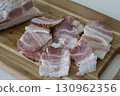 Ukrainian traditional cuisine. Very tasty pieces of salo. Raw ukrainian bacon or salo on wooden board. Sliced salted pork lard (salo). Food concept. 130962356