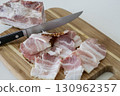 Ukrainian traditional cuisine. Very tasty pieces of salo. Raw ukrainian bacon or salo on wooden board. Sliced salted pork lard (salo). Food concept. 130962357
